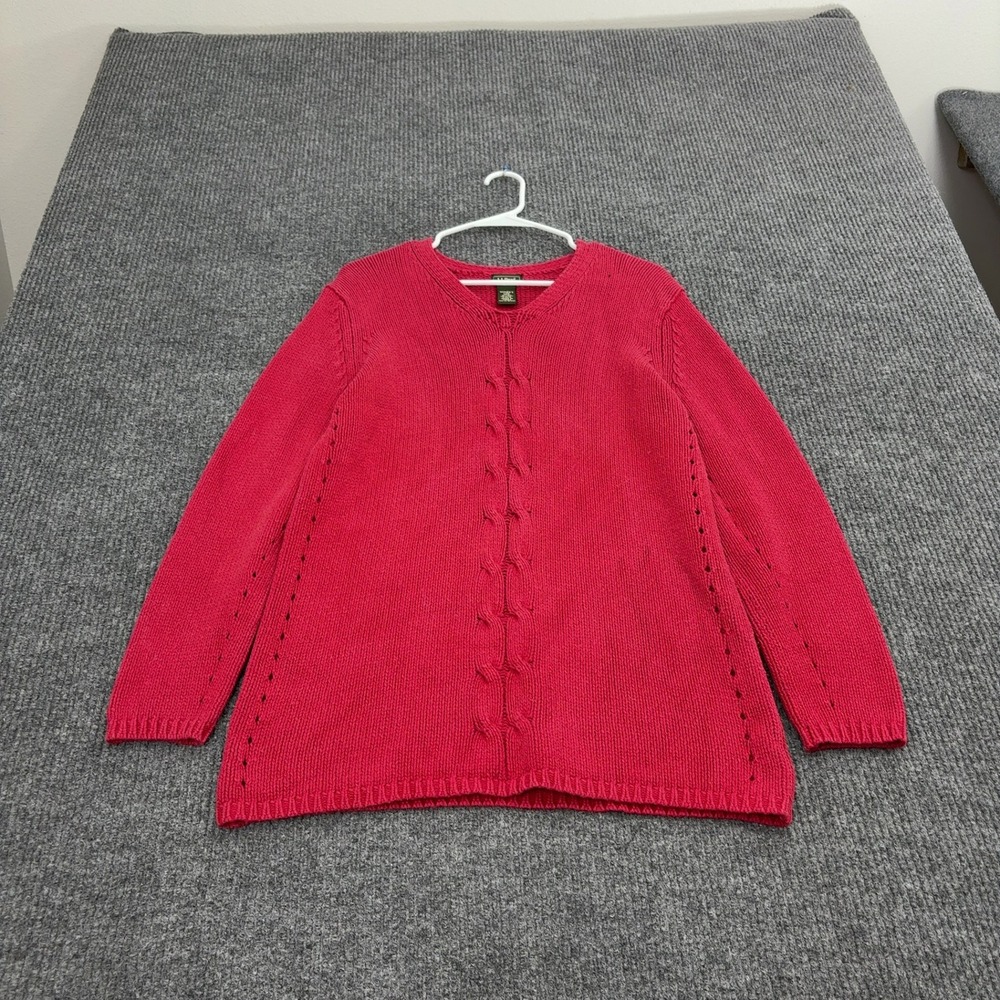 LL Bean Sweater Womens Medium Pink Silk Cotton Cable Knit V Neck Classic Style